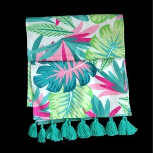 Table Runner with Tassels, Green Pink Tropical Paradise, Colorful Leaves 12x72